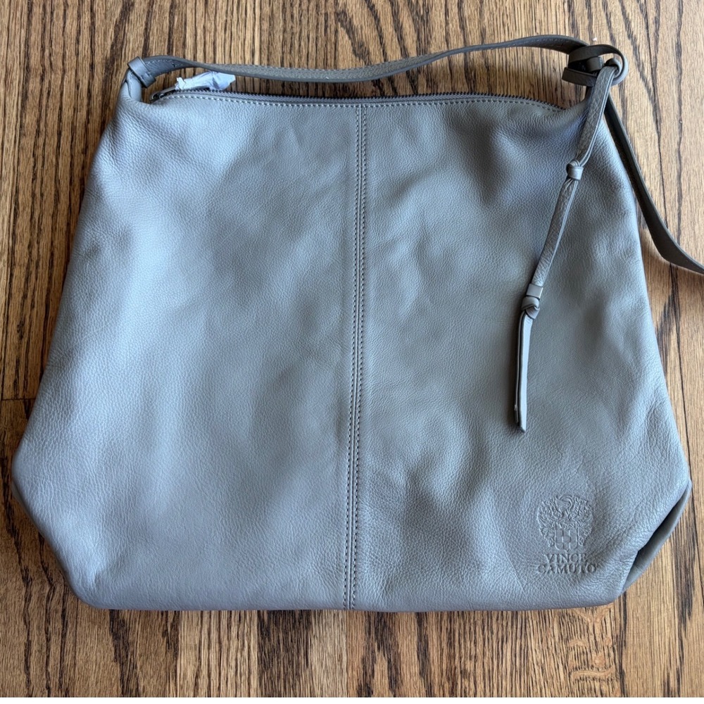 Vince Camuto Grey Pebbled Leather Hobo Shoulder Bag Zip Top Adjustable Strap